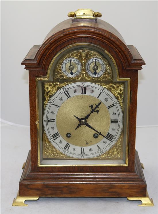 A late Victorian oak chiming bracket clock, 15in.